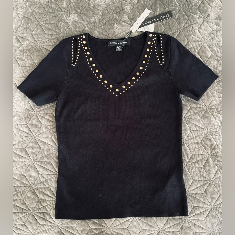 Catherine Malandrino Black Knit Top Gold Embellished Peek A Boo Shoulder